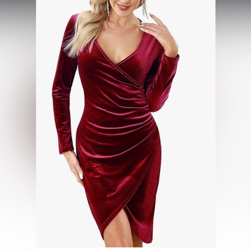 Red Ruched Wrap Sheath Dress with Long Bishop Sleeves for Cocktail